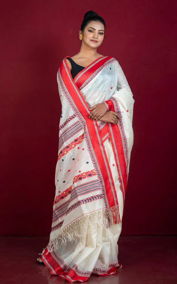 Premium_Quality_Tussar_Silk_Nakshi_Work_Velvet_Silk_Border_Saree_In_Off_White_Red_Black_And_Beige