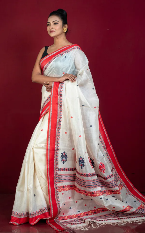Premium_Quality_Tussar_Silk_Nakshi_Work_Velvet_Silk_Border_Saree_In_Off_White_Red_Black_And_Beige