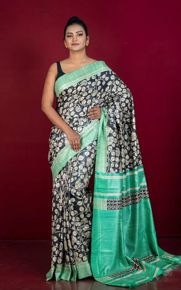 Hand_Woven_Block_Printed_Pure_Ghicha_Tussar_Silk_Saree_In_Beige_Black_Shamrock_Green