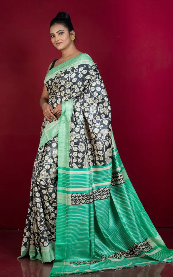 Hand_Woven_Block_Printed_Pure_Ghicha_Tussar_Silk_Saree_In_Beige_Black_Shamrock_Green