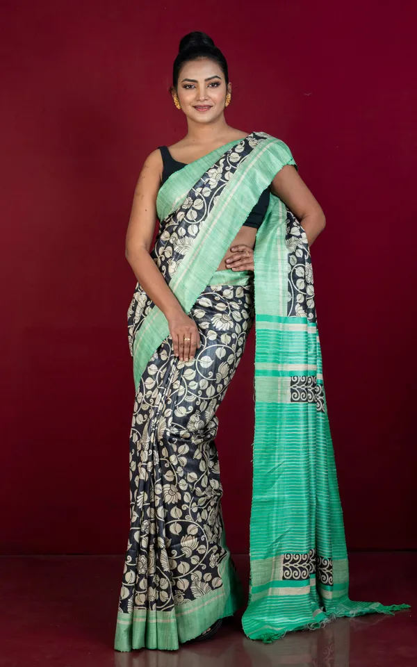 Hand_Woven_Block_Printed_Pure_Ghicha_Tussar_Silk_Saree_In_Beige_Black_Shamrock_Green