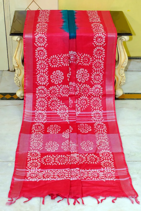 Soft_Cotton_Batik_Linen_Jamdani_Saree_In_Dark_Teal_Green_Red_And_Beige