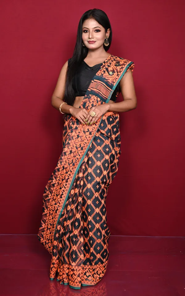 Traditional_Cotton_Muslin_Soft_Jamdani_Saree_In_Dark_Teal_Green_And_Orange