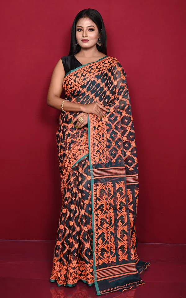 Traditional_Cotton_Muslin_Soft_Jamdani_Saree_In_Dark_Teal_Green_And_Orange