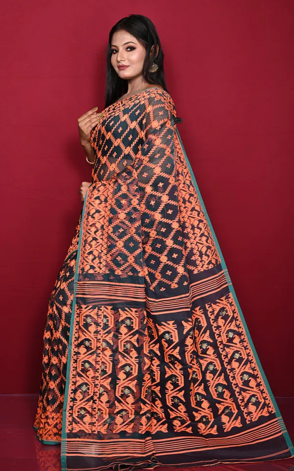 Traditional_Cotton_Muslin_Soft_Jamdani_Saree_In_Dark_Teal_Green_And_Orange