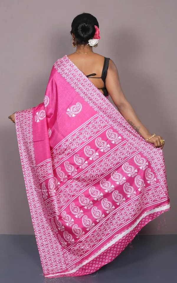 Printed_Soft_Semi_Ghicha_Silk_Saree_In_Brilliant_Rose_Pink_And_Off_White
