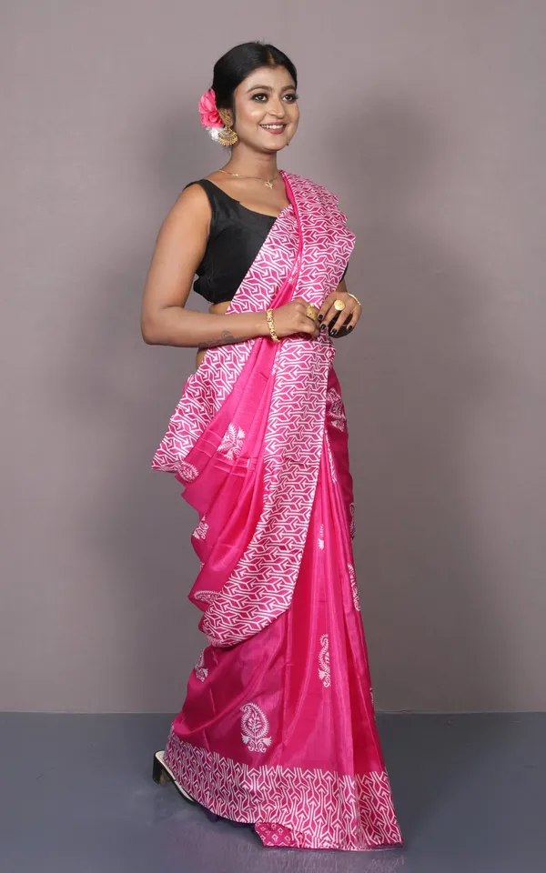 Printed_Soft_Semi_Ghicha_Silk_Saree_In_Brilliant_Rose_Pink_And_Off_White