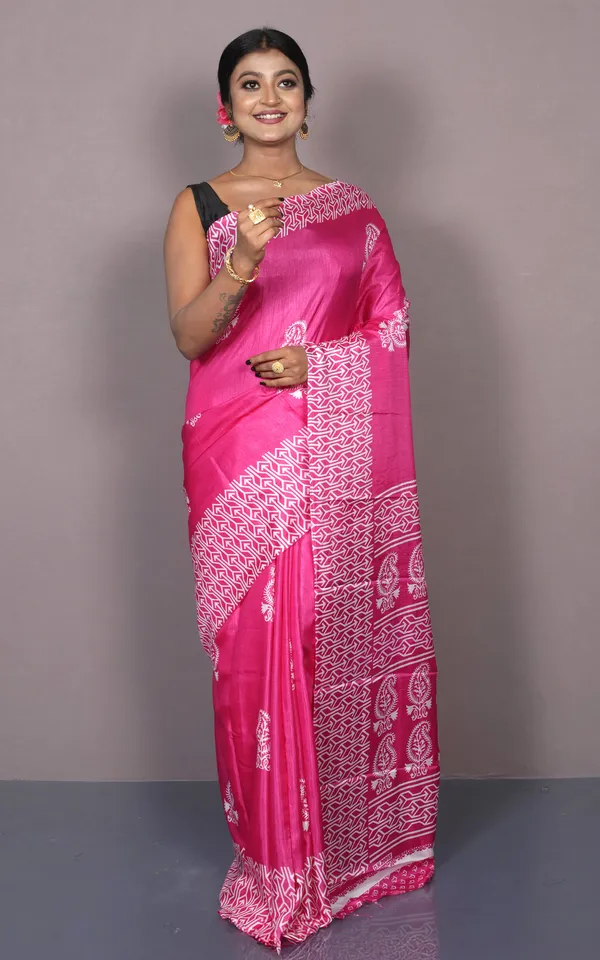 Printed_Soft_Semi_Ghicha_Silk_Saree_In_Brilliant_Rose_Pink_And_Off_White