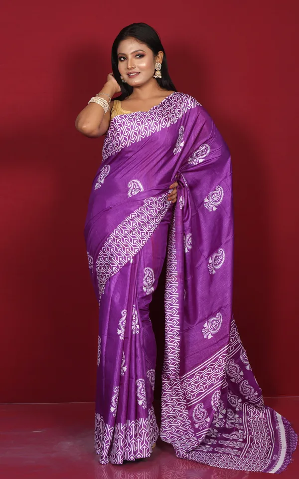Printed_Soft_Semi_Ghicha_Silk_Saree_In_Dark_Purple_And_Off_White
