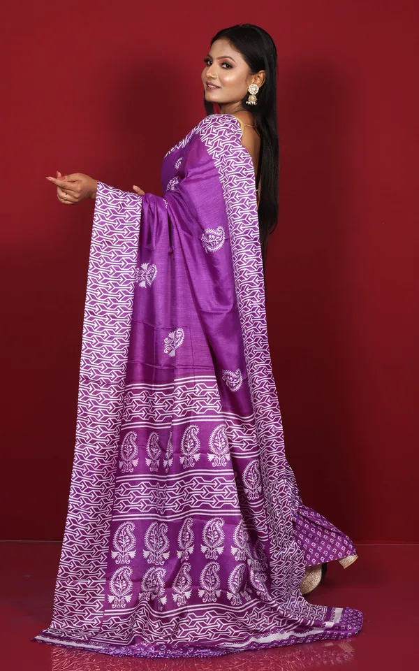Printed_Soft_Semi_Ghicha_Silk_Saree_In_Dark_Purple_And_Off_White