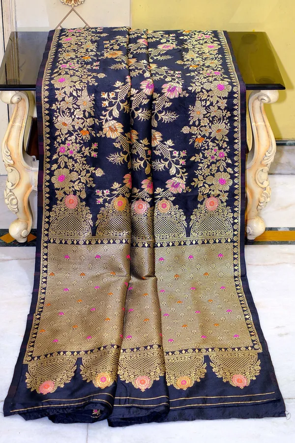 Semi_Moonga_Banarasi_Silk_Saree_In_Soot_Black_Tan_Gold_And_Multicolor
