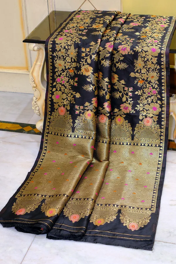 Semi_Moonga_Banarasi_Silk_Saree_In_Soot_Black_Tan_Gold_And_Multicolor