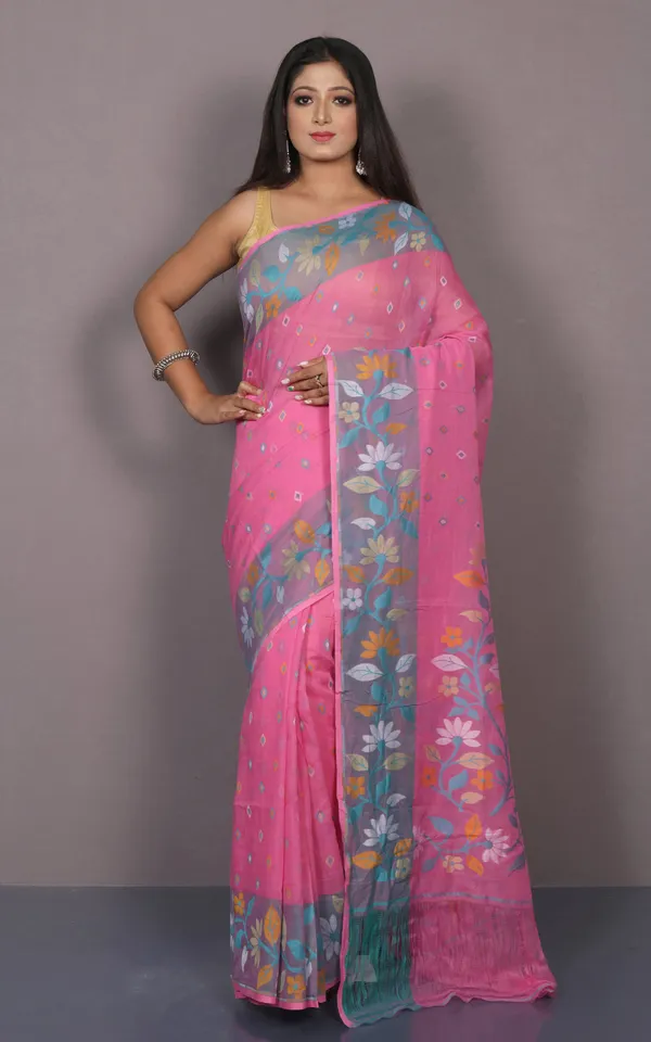 Hand_Woven_Work_Cotton_Jamdani_Saree_In_Rose_Pink_Glacier_Blue_And_Multicolor