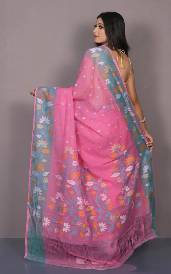 Hand_Woven_Work_Cotton_Jamdani_Saree_In_Rose_Pink_Glacier_Blue_And_Multicolor