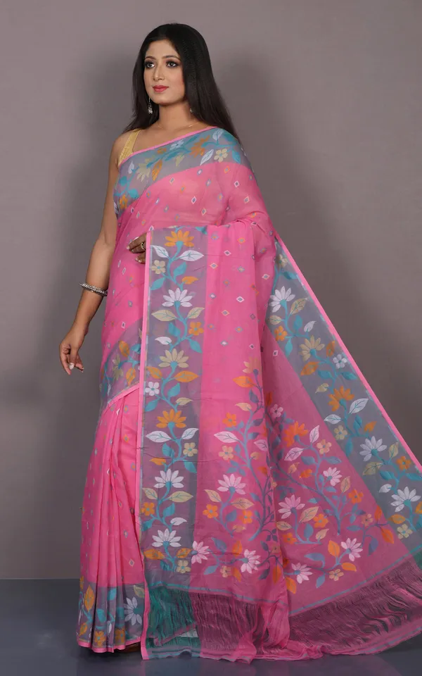 Hand_Woven_Work_Cotton_Jamdani_Saree_In_Rose_Pink_Glacier_Blue_And_Multicolor