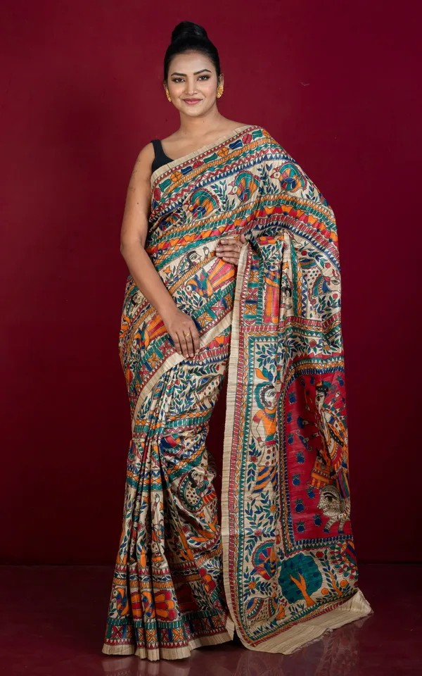 Premium_Quality_All_Over_Hand_Painted_Madhubani_Motifs_On_Natural_Ghicha_Tussar_Silk_Saree_In_Beige_And_Multicolor