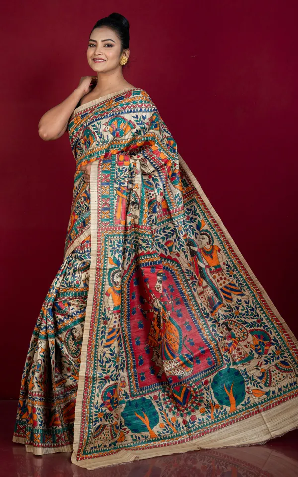 Premium_Quality_All_Over_Hand_Painted_Madhubani_Motifs_On_Natural_Ghicha_Tussar_Silk_Saree_In_Beige_And_Multicolor