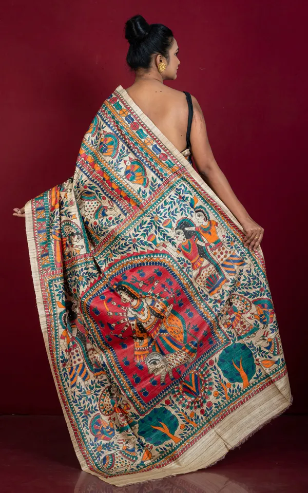 Premium_Quality_All_Over_Hand_Painted_Madhubani_Motifs_On_Natural_Ghicha_Tussar_Silk_Saree_In_Beige_And_Multicolor