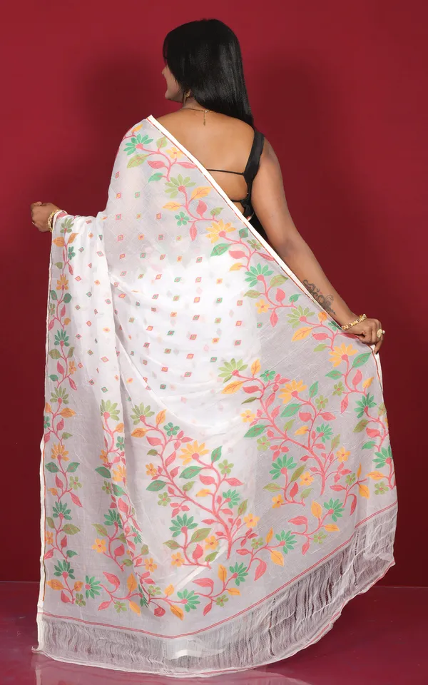 Hand_Woven_Work_Cotton_Jamdani_Saree_In_Off_White_Red_Green_And_Amber_Yellow