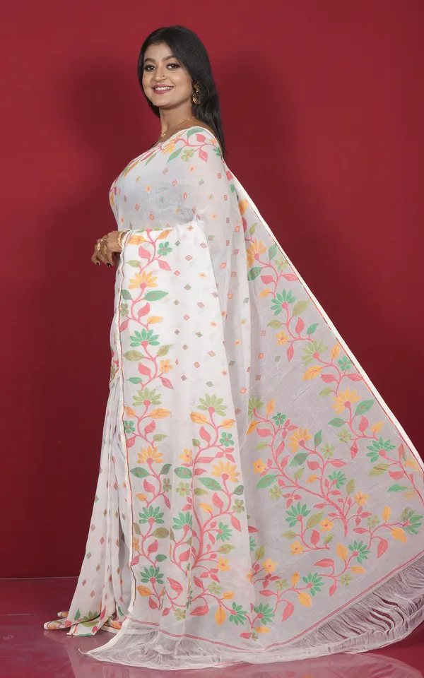 Hand_Woven_Work_Cotton_Jamdani_Saree_In_Off_White_Red_Green_And_Amber_Yellow