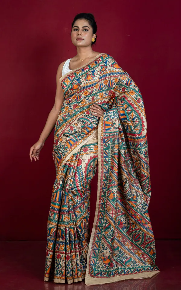 Premium_Quality_All_Over_Hand_Painted_Madhubani_Motifs_On_Natural_Ghicha_Tussar_Silk_Saree_In_Beige_And_Multicolor