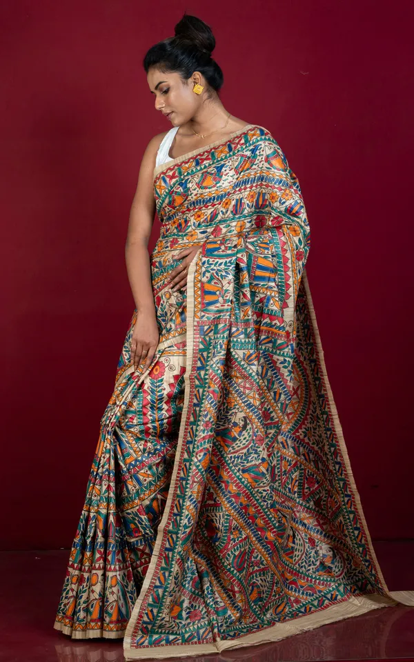 Premium_Quality_All_Over_Hand_Painted_Madhubani_Motifs_On_Natural_Ghicha_Tussar_Silk_Saree_In_Beige_And_Multicolor