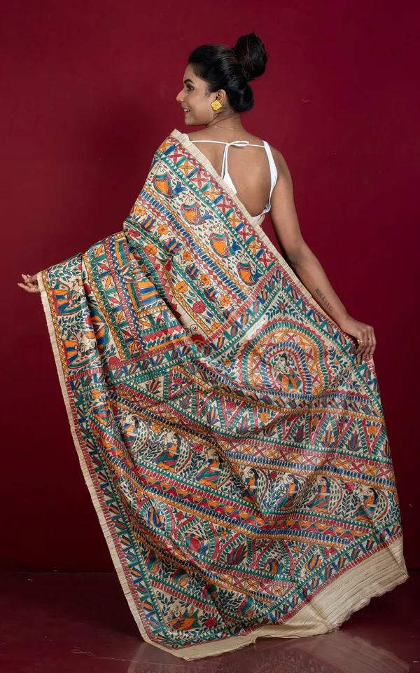 Premium_Quality_All_Over_Hand_Painted_Madhubani_Motifs_On_Natural_Ghicha_Tussar_Silk_Saree_In_Beige_And_Multicolor