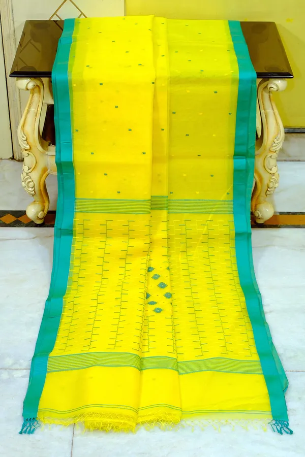 Hand_Woven_Satin_Silk_Slim_Border_Solapuri_Soft_Muslin_Silk_Jamdani_Saree_In_Golden_Yellow_And_Seagreen