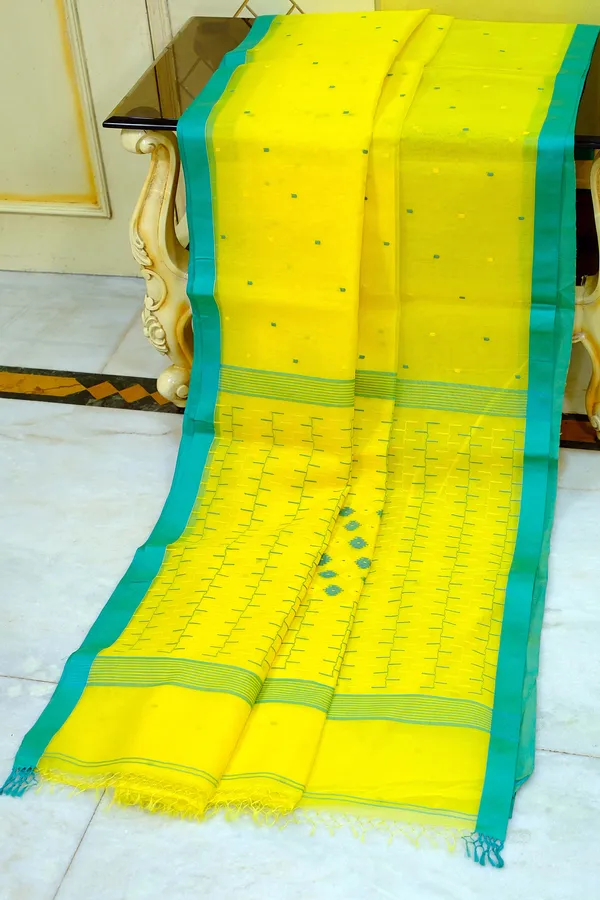 Hand_Woven_Satin_Silk_Slim_Border_Solapuri_Soft_Muslin_Silk_Jamdani_Saree_In_Golden_Yellow_And_Seagreen