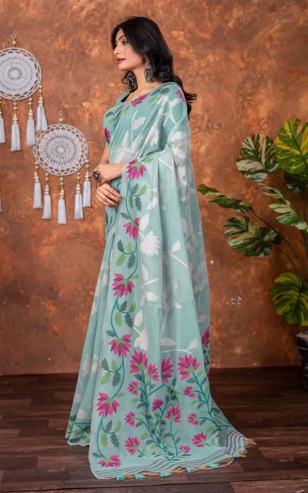 Traditional_Floral_Nakshi_Skirt_Work_Soft_Jamdani_Saree_In_Pastel_Blue_Off_White_And_Multicolor