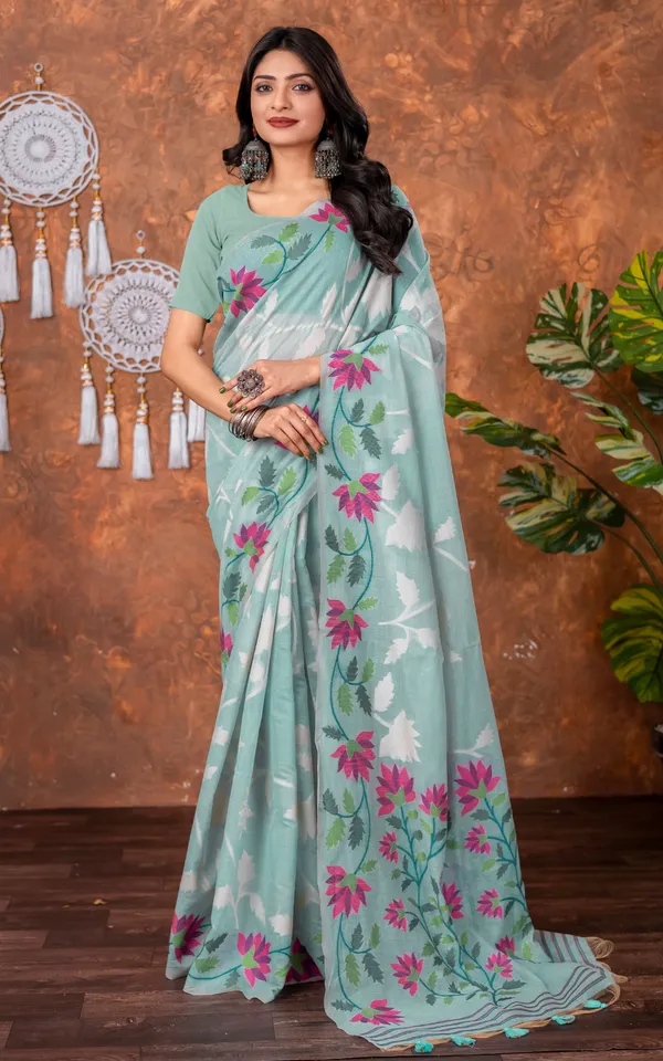 Traditional_Floral_Nakshi_Skirt_Work_Soft_Jamdani_Saree_In_Pastel_Blue_Off_White_And_Multicolor