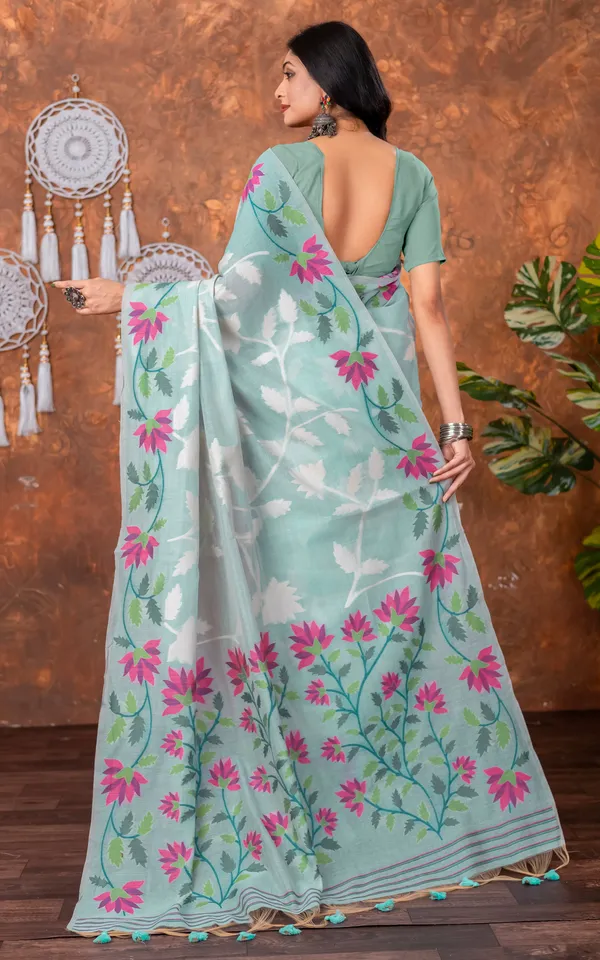 Traditional_Floral_Nakshi_Skirt_Work_Soft_Jamdani_Saree_In_Pastel_Blue_Off_White_And_Multicolor