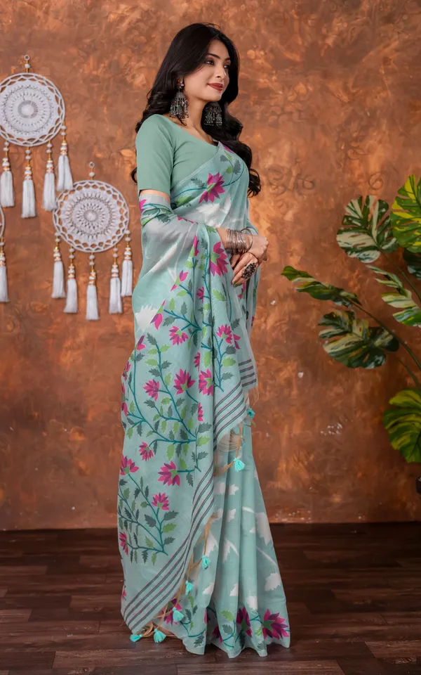 Traditional_Floral_Nakshi_Skirt_Work_Soft_Jamdani_Saree_In_Pastel_Blue_Off_White_And_Multicolor