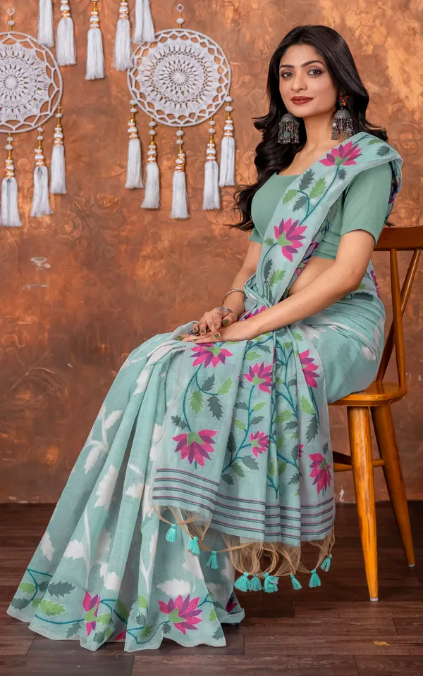Traditional_Floral_Nakshi_Skirt_Work_Soft_Jamdani_Saree_In_Pastel_Blue_Off_White_And_Multicolor