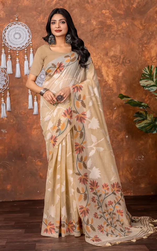 Traditional_Floral_Nakshi_Skirt_Work_Soft_Jamdani_Saree_In_Beige_Off_White_And_Multicolor