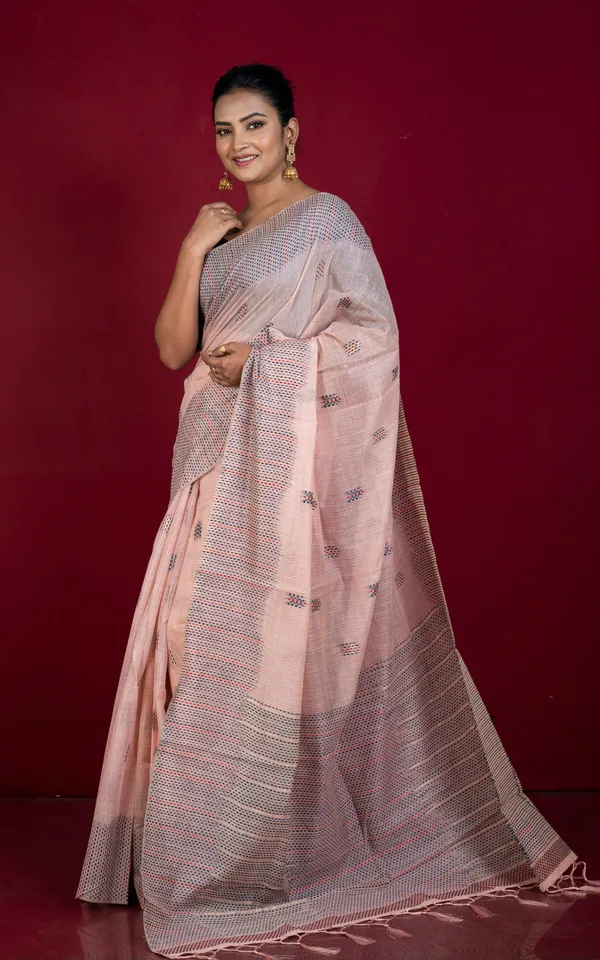 Semi_Moonga_Silk_Kantha_Stitch_Machine_Embroidery_Work_Saree_In_Cavern_Pink_Red_And_Dark_Slate_Grey_Thread_Work