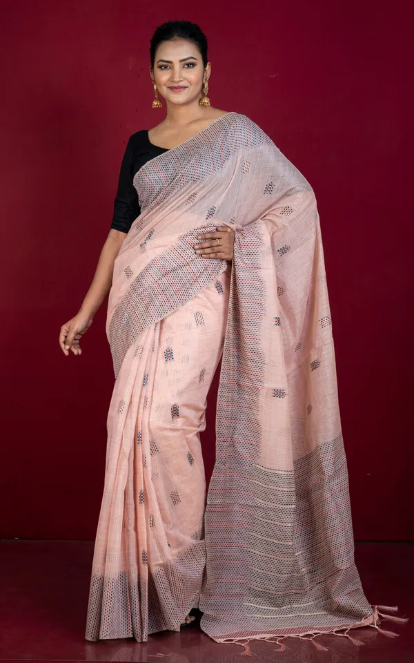Semi_Moonga_Silk_Kantha_Stitch_Machine_Embroidery_Work_Saree_In_Cavern_Pink_Red_And_Dark_Slate_Grey_Thread_Work