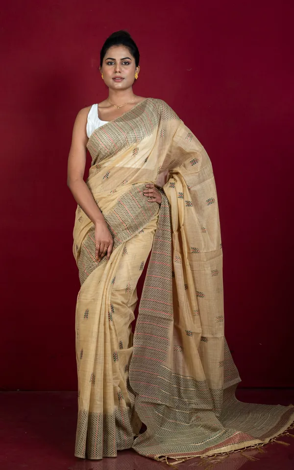 Semi_Moonga_Silk_Kantha_Stitch_Machine_Embroidery_Work_Saree_In_Tan_Brown_Red_And_Dark_Slate_Grey_Thread_Work