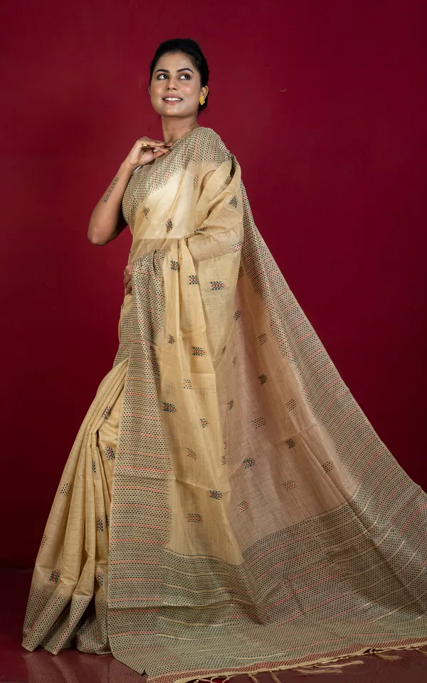 Semi_Moonga_Silk_Kantha_Stitch_Machine_Embroidery_Work_Saree_In_Tan_Brown_Red_And_Dark_Slate_Grey_Thread_Work