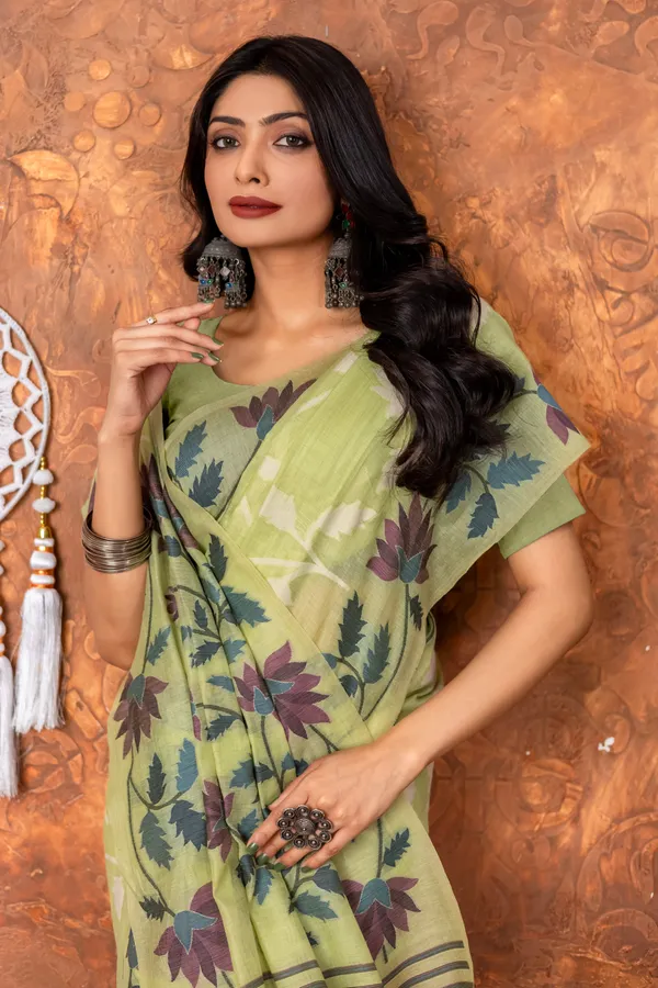 Traditional_Floral_Nakshi_Skirt_Work_Soft_Jamdani_Saree_In_Pista_Green_Off_White_And_Multicolor
