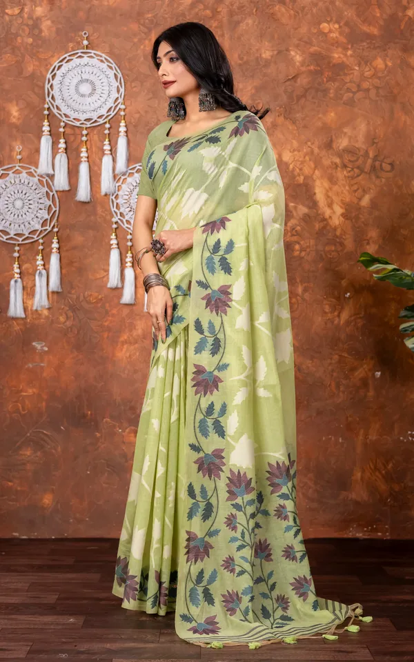 Traditional_Floral_Nakshi_Skirt_Work_Soft_Jamdani_Saree_In_Pista_Green_Off_White_And_Multicolor