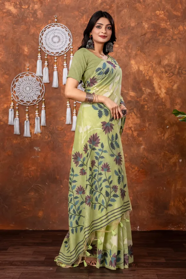 Traditional_Floral_Nakshi_Skirt_Work_Soft_Jamdani_Saree_In_Pista_Green_Off_White_And_Multicolor