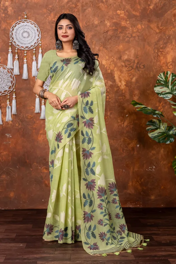 Traditional_Floral_Nakshi_Skirt_Work_Soft_Jamdani_Saree_In_Pista_Green_Off_White_And_Multicolor