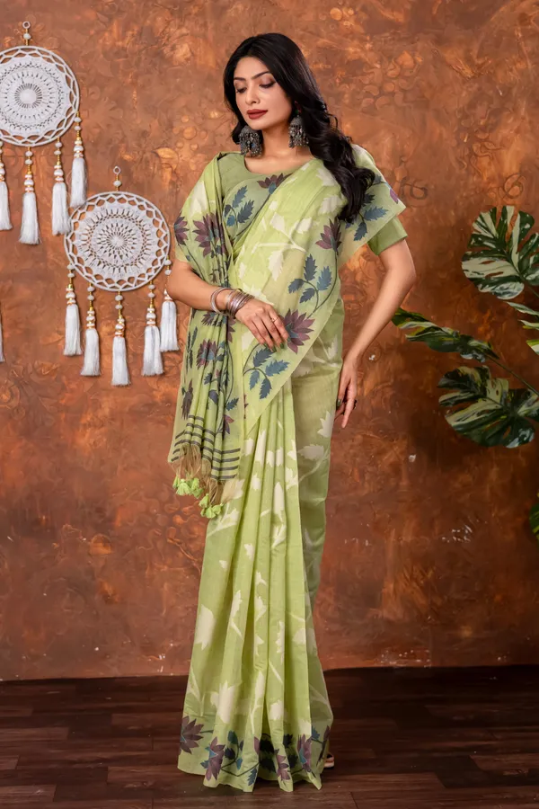 Traditional_Floral_Nakshi_Skirt_Work_Soft_Jamdani_Saree_In_Pista_Green_Off_White_And_Multicolor