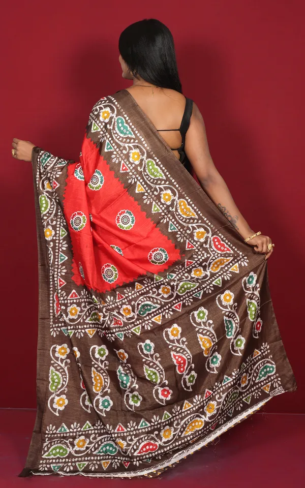 Printed_Soft_Semi_Ghicha_Silk_Saree_In_Red_Brown_Off_White_And_Multicolor