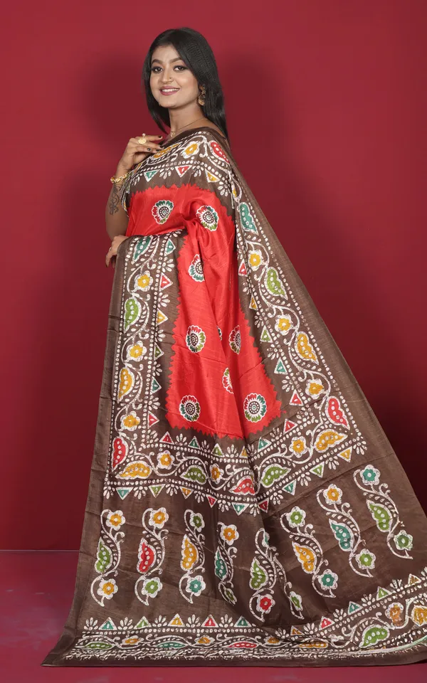 Printed_Soft_Semi_Ghicha_Silk_Saree_In_Red_Brown_Off_White_And_Multicolor