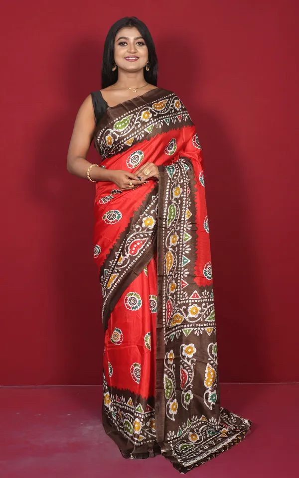 Printed_Soft_Semi_Ghicha_Silk_Saree_In_Red_Brown_Off_White_And_Multicolor