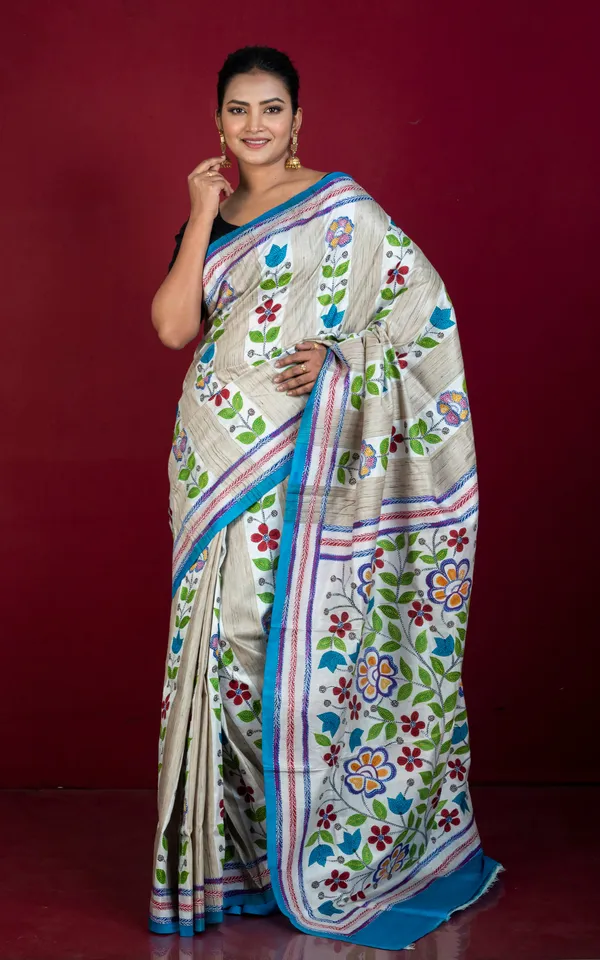 Hand_Painted_Acid_Wash_And_Hand_Embroidery_Tussar_Silk_Kantha_Work_Saree_In_Beige_Off_White_Blue_And_Multicolor