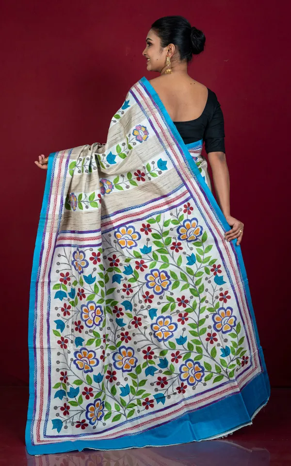Hand_Painted_Acid_Wash_And_Hand_Embroidery_Tussar_Silk_Kantha_Work_Saree_In_Beige_Off_White_Blue_And_Multicolor