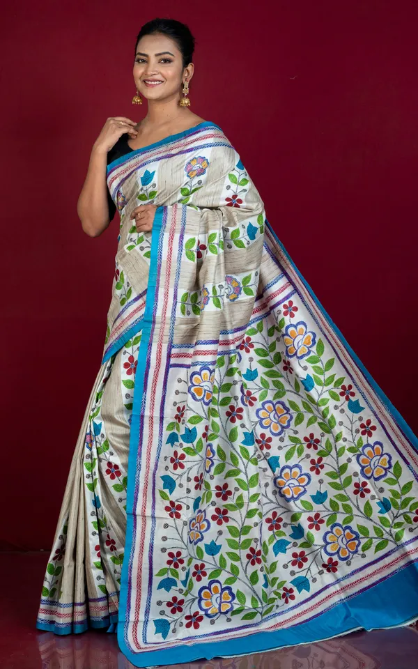 Hand_Painted_Acid_Wash_And_Hand_Embroidery_Tussar_Silk_Kantha_Work_Saree_In_Beige_Off_White_Blue_And_Multicolor